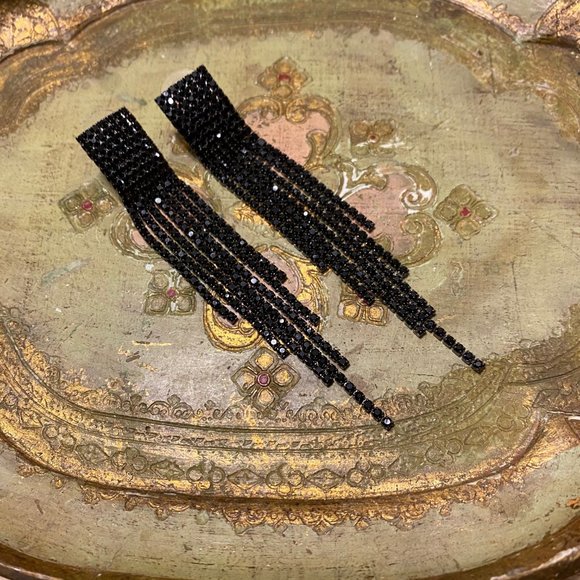 BLACK RHINESTONE CRYSTAL DANGLE 80S 90S - Picture 11 of 13